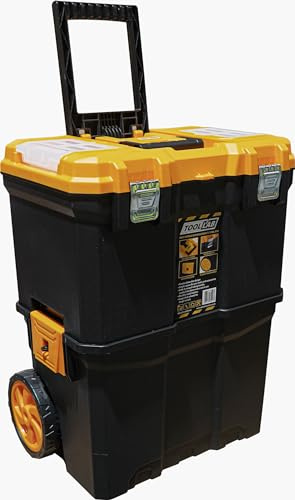 Tool Lab Mobile Rolling Tool Box 2 Tier Stacking Pull Along Handle With Metal Latches, Rubbed Wheels For Home and Work Orange