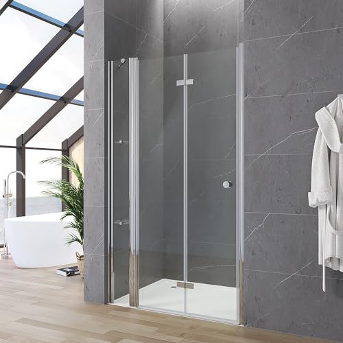Duschtür Glas 95cm Verstellbereich 94-98 cm Falttür Drehfalttür an Festteil für Nische mit Duschablage, Chromoptik, Innen- und Außenöffnung, Hebe-Senk-Funktion, 5 mm ESG Echtglas klar, Höhe 187 cm
