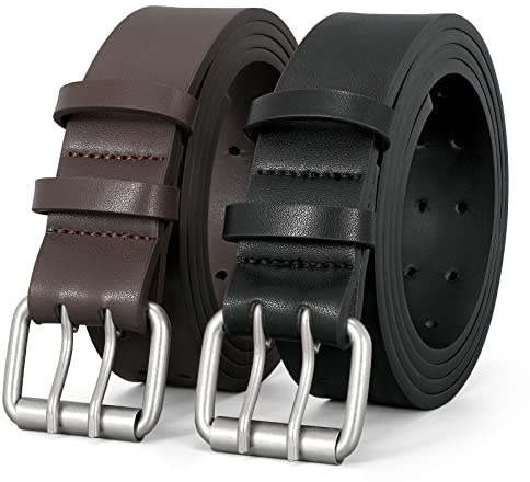 LEACOOLKEY 2 Packs Double Prong Leather Belts for Men PU Leather Work Belt For Jeans,2 Holes Casual Leather Belt for Men，Black+Coffee，Fits Pants Size up to 38