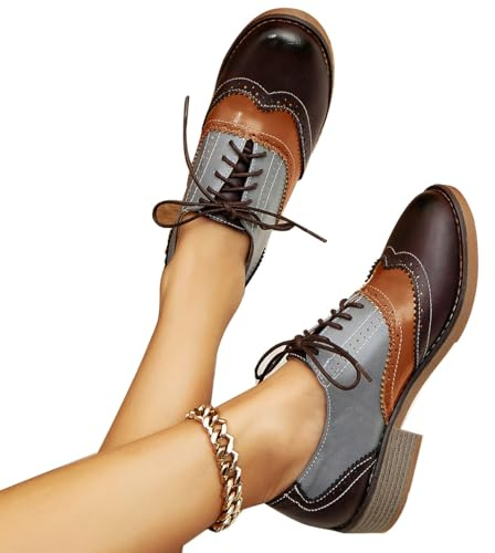 Retro Mix Color Fashion Oxford Shoes for Women Casual Chunky Heel lace up Sneaker (Brown, Adult, Women, 8.5, Numeric, US Footwear Size System, Medium)