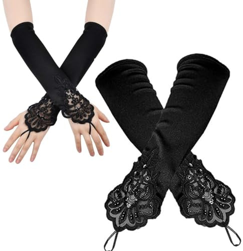 LEEQ 1 Pares Guantes de satén Largos Guantes - 1920s Black Largo sin Dedos Boda Novia Tarde Guantes, Satin Elegante para Accesorios de Vestuario Traje Fiesta, Mujer para Fiesta Banquete Boda