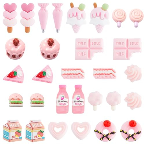 SUNNYCLUE 1 Box 60 Stück 15 Stile Rosa Cabochons Mit Flacher Rückseite Mini Anhänger Aus Lebensmittelharz Niedliche Donut Kuchen Eis Milch Dessert Kawaii Cabochons Für DIY Basteln Basteln Dekoration S