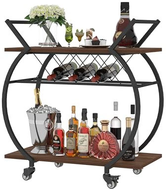 LVB Modern Gold Bar Cart, Industrial Rolling Serving Wine Cart with Wine Rack, Coffee Liquor Drink Cart with Storage and Wheels, Wood and Metal Kitchen Microwave Beverage Cart for Home, Walnut