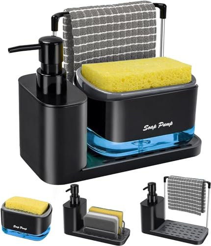 Yulado Jabonera Cocina Negro, Organizador de Fregadero Negro con Bandeja y Soporte para Esponja, detergente Recargable，Dispensadores de Bomba de jabón y Porta esponjas…
