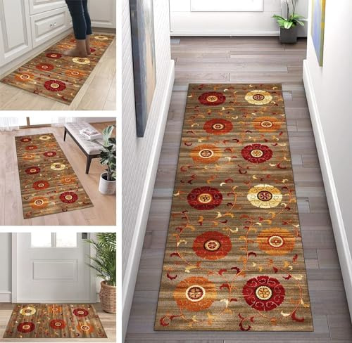 ZUZEKU Abstrakte Läufer Flur Küche Waschbar rutschfest 60X300cm Vintage Braun Orange Rot Lang Küchenteppich Flurteppich Teppich Fur Korridor Wohnzimmer Schlafzimmer Meterware Anpassbar