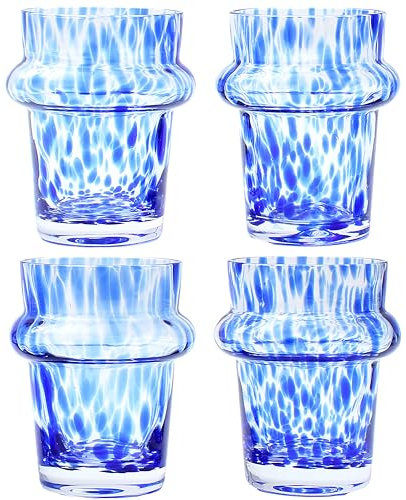 Gökotta Drinking Glasses Handmade Set of 4 | Tumblers Moroccan Shape Pattern Luxury Glassware Speckled Blue | for Water Cups Cocktail Glasses Craft Beer | Small 240ml