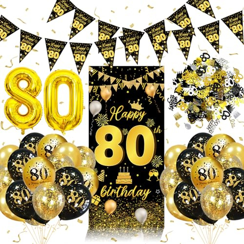 Palloncini 80 Anni Nero Oro, Decorazioni Compleanno per Donna Uomo, Coriandoli, Striscione - Festa 80° Anniversario