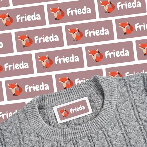 Namensaufkleber für Klamotten & Textilien (81 Sticker) – Aufkleber mit Name und Fuchs für Shirts oder Hosen – Ideal für Schule und Kindergarten – Wasserfest, Spülmaschinenfest, 30 x 13 mm