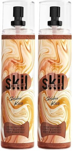 SKIL - Brume Parfumée Paillettée Femme Golden Kiss - Collection Toxic Love - Parfum Fleur de Tiaré Coco - Flacon Vaporisateur 250 ml - Fabriqué en France à Grasse