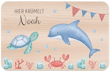 wunderwunsch - Personalisiertes Holzbrett mit Hochwertigem Spezial-Druck für Kinder - Personalisiertes Frühstücksbrettchen - Niedliche Motiv-Brettchen mit Namen (HIER KRÜMELT + Name)