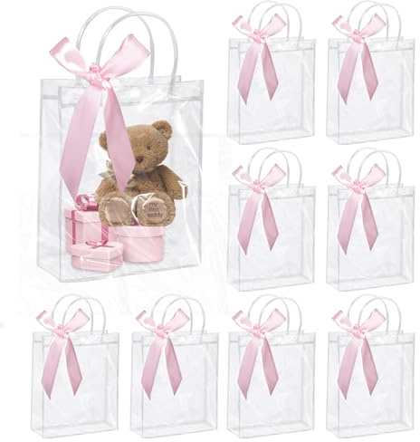 8 Stück durchsichtige Geschenktüten mit Henkel, 23× 17× 7cm kleine Partytüten mit Schleifen, transparente Geschenktüten für Hochzeit, Geburtstag(Rosa Schleifen)