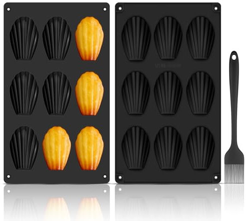 GlasFlength Stampi per Madeleines in Silicone, 2 Pezzi Stampo Madeleine 9 Cavità Antiaderente Madeleine Stampo da Forno con Spazzola per Madeleine Biscotti Caramelle Cioccolato Torta (nero)