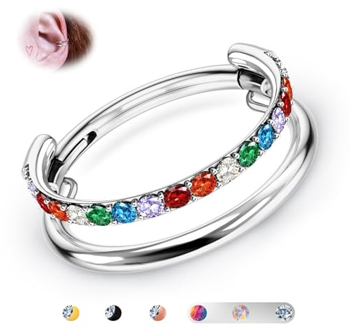 BodyBonita G23 Titanio Pendientes de Cartílago Aro 16G Anillos de Septo Arcoíris CZ Doble Joyería para Piercing de Concha Tragus Daith Helix Aros para Mujer Plata 10mm