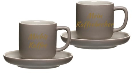 LUXENTU Espressotasse mit Gravur & Untertasse, Taupe, 90 ml, 2 Stück | Personalisierte kleine Tasse aus Steinzeug mit goldgefärbter Beschriftung zum Geburtstag für Kaffeeliebhaber