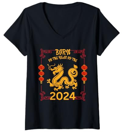 Femme Né dans l'année du dragon 2024 Nouvel An chinois Zodiaque T-Shirt avec Col en V