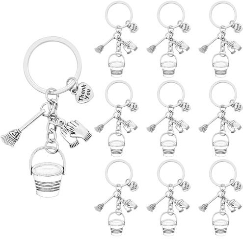 SIQYUWM 10Pcs Housekeeping Keychains Alloy Broom Gloves Bucket Thank You Tag Charm Keyrings for Cleaning Crew Housekeeper Janitorial Staff Gifts, Silver, 83mm/3.27inch
