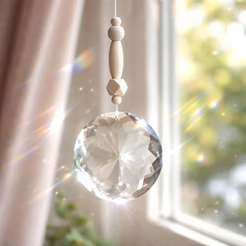 Handgemachter Sonnenfänger Lichtfänger Fensterdeko 75 mm Holzperlen | 75mm Kristall-Anhänger, mit Holzperlen, Länge 120 cm, liebevoll handgemacht