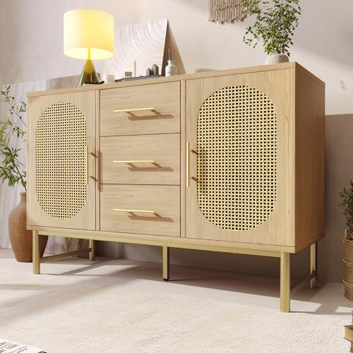 RIAZOS Rattan Kommode Sideboard mit 2 Türen und 3 Schubladen, Komodenschrank, für Schlafzimmer und Wohnzimmer, Verstellbare Regale, Kippschutz, 120x40x74 cm, Sonoma Eiche
