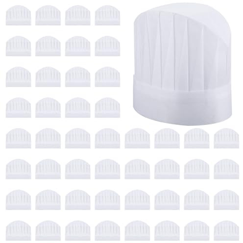 Molain 50 Pack Disposable Chef Hats White Baker Cap Non-Woven Bakery Hats Chefs Hat Bulk, DIY Chef Toques Caps Bakers Hat for Cooking, Baking, BBQ Grilling, Pizza Party Supplies, 8.26inch Tall