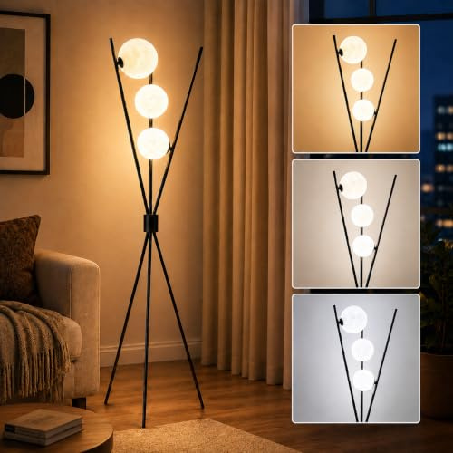 FROIDEXG Lampada da Terra a Treppiede Mid Century, 3 Sfere Effetto Luna in Acrilico, Lampadine LED G9, 3 Temperature di Colore, Interruttore a Pedale, per Soggiorno Camera Ufficio