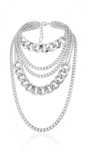 Chunky Silver Necklace Statement Necklace For Women 80s Hip Hop Rapper Costume Billionaire Girl Costume Accessories Fake Silver Cuban Link Chain Fancy Dress Layered Necklaces 90s Accessories For Women