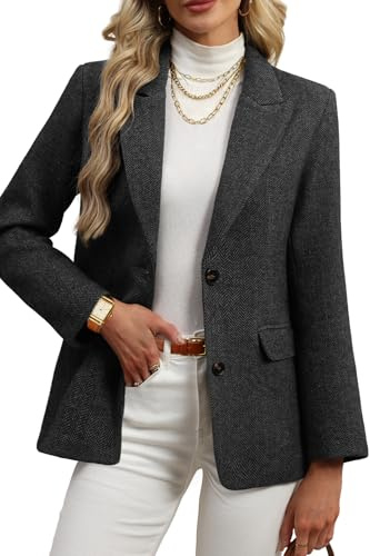 ELLEVEN Wool Blend Tweed Blazers for Women Boyfriend Herringbone Fall Winter Blazers Dressy Business Casual Double Button Long Sleeve Suit Oversize Harris Tweed Suit Jacket Black Large