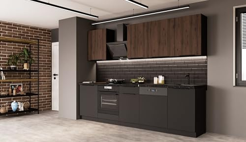 Kuechen-preisbombe Küche Siena + Monza Basic 280 cm Küchenzeile Küchenblock Einbauküche Nussbaum Okapi + Schwarz matt