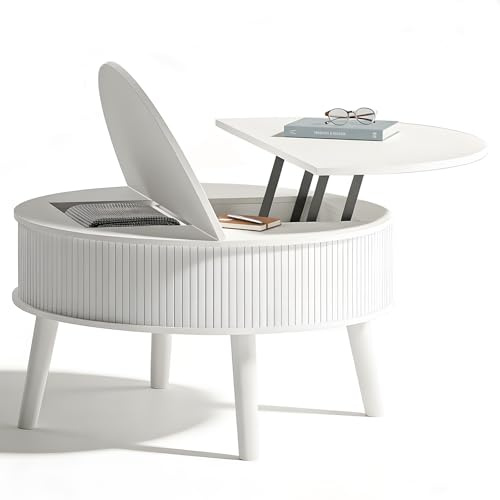 Mesa de Centro Redonda, Mesa Centro Salon con espacio de almacenamiento,Mesa de Café de estar en estilo moderno, con cajones, estanterías dobles y altura ajustable, Extensible y plegable,Color Blanco