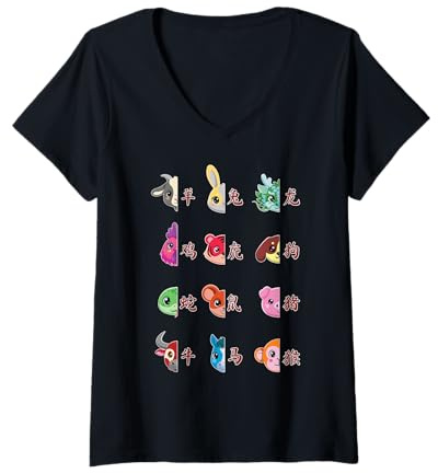 Femme Animaux du Zodiaque Mignons Kawaii Chinois Nouvel an T-Shirt avec Col en V