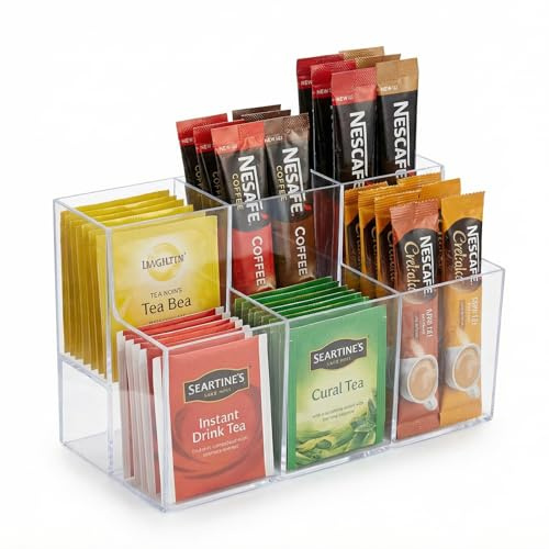 Punorric Tea Bag Organiser - PET Plastic Tea Bag Storage & Coffee Pod Storage, 6-Compartment Transparent Tilted Open Design, Coffee Station Organiser for Kitchen Counter Cabinet Organizer