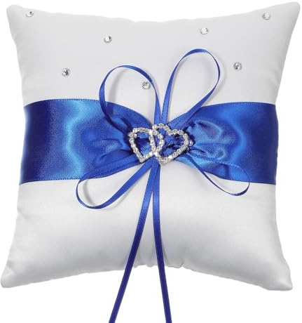 XLIUAX Wedding Ring Pillow, 5.7x5.5 Inch Lace Bow Ring Bearer Cushion Heart Rhinestones Rings Pillow Holder for Proposal Wedding Ceremony Party