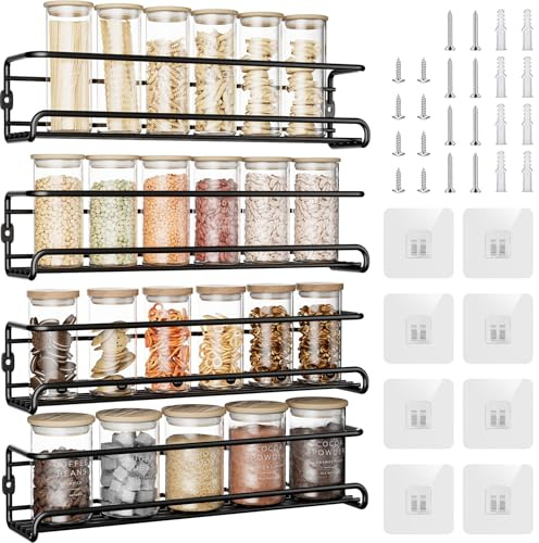 Dayacoco 4-Tier Wall Mounted Spice Rack, Space-Saving Spice Organiser | with Adhesive Hooks & Screws, No Drilling Spice Storage for Spice Jars, Seasonings, Kitchen Cupboard & Door (Black)
