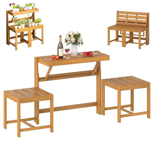 GOPLUS 3 en 1 Salon de Jardin Extérieur 2 Personnes Pliant en Bois d'Acacia, Banc à 2 Places Convertible,Table et 2 Chaises, FSC Certifié,Assise à Lattes, pour Terrasse, Balcon, Naturel