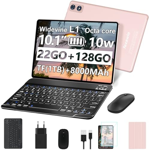 Android Tablette 10 Pouces, 22Go+128Go,Clavier Souris Coque Inclus,Or Rose | tablette tactile,Écran HD avec Certification Widevine L1, Processeur Octa-Core, 5G WiFi, Double Caméra 5MP+8MP, 8000mAh