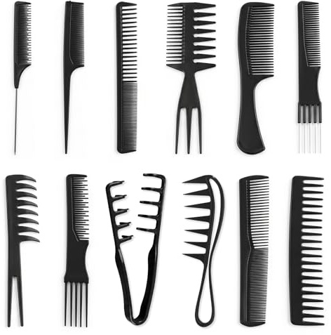 12 Piezas Peine Peluqueria,Peines de Cola,Peine de Dientes Finos,Pettine Puas Anchas,Pettine de Textura,Peines de Peine Mechas,Profesional,Accesorios para Peinar el Cabello Adecuados(Negro)