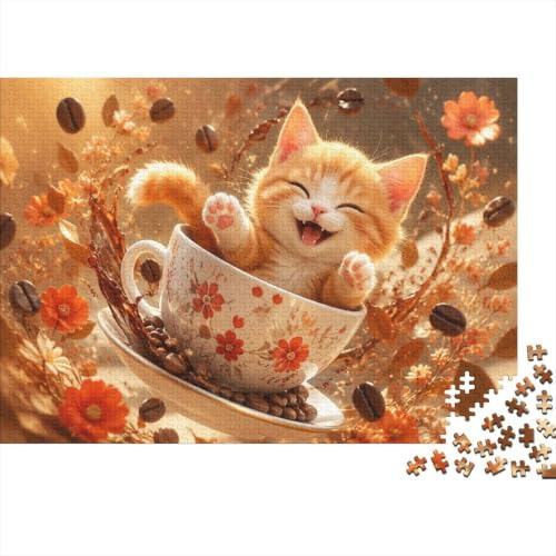 Chat Tasse Café Puzzle, 1000 Pièces pour Adultes Haute Qualité | 38x26cm Amateurs De Puzzles, Cadeau D'anniversaire, Carton, Apaisement De L'humeur, Ajustement Serré