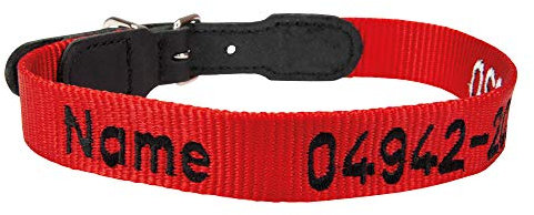 Schecker Hundehalsband Hunde Halsweite von 34-38 cm Halsband Rot mit gesticketen Namen und Telefonnummer Besticktes Halsband ideal auch für den Urlaub