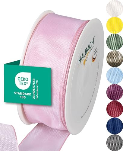 Halbach Seidenbänder Premium Geschenkband mit Drahtkante | Breite 40mm Länge 25m | Öko-Tex 100 zertifiziertes Schleifenband | Taftband Made in Germany, Farbe: hellrosa