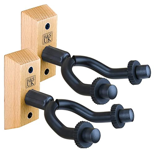 H&S Soporte de pared para guitarra con ganchos con diseño de percha montado en la pared base de madera ideal para bajo guitarra eléctrica y acústica pack de 2 unidades