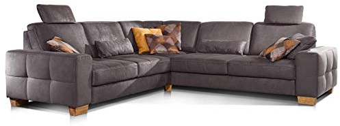 Cavadore Ecksofa Puccino mit Federkern, Schlaffunktion, verstellbaren Sitztiefen und 2 Kopfstützen / Couch gleichschenklig in L-Form im Landhausstil / 276 x 86 x 271 cm / Mikrofaser braun