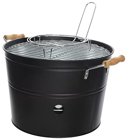 Kaemingk 73815 BBQ Eimer, Eisen, schwarz matt, Ø 33 x 24 cm, Holzkohlegrill, Campinggrill, Balkongrill, Außengrill, Minigrill, Kunstleder, mehrfarbig