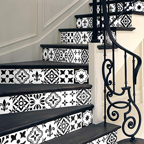 Stickers adhésifs escalier carrelages | Sticker Autocollant contremarche Carreaux de ciment – Stickers contremarche carrelages | Escalier carreaux de ciment adhésif - azulejos – 15 x 105 cm - 6 bandes