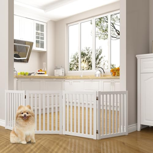 WELLAND Cancello autoportante in legno per animali domestici, 4 pannelli da 61 cm, si espande fino a 203 cm di larghezza, pieghevole per cancello per cani, recinzione di sicurezza per cuccioli,
