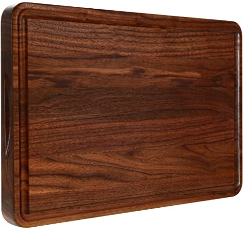 AZRHOM Grande planche à découper en bois de noyer, 43,2 x 27,9 cm, grandes planches à découper en bois avec rainure profonde pour jus et poignée latérale, bloc de boucher épais pour cuisine, viande
