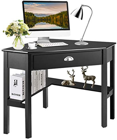 Tangkula Corner Desk, Corner Computer Desk with Drawer for Small Space, Small Corner Makeup Vanity Desk, 90 Degrees Triangle Corner Desk with Storage Shelves