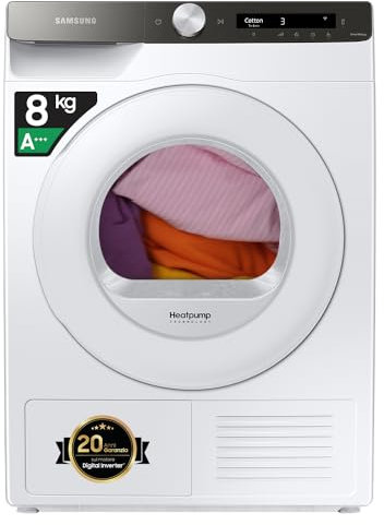 Samsung Asciugatrice Ai Control, DV80T5220TT/S3, 8 Kg, Pompa di Calore, Wifi, Sensore Optimal Dry, Filtro 2 in 1, Carica Frontale, 60l x 85h x 60p cm