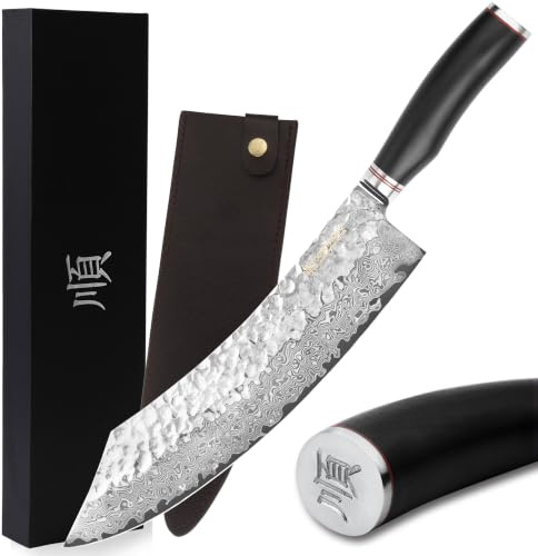 YOUSUNLONG Coltello da macellaio e demolitore 12 pollici - Acciaio Damasco martellato giapponese VG10 Full-Tong - Manico in ebano con fodero in pelle