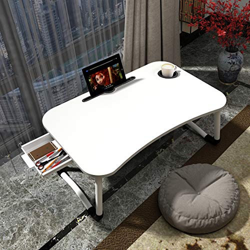 Home Office Schoßschreibtisch mit Aufbewahrungsschublade, Tablet und Getränkehalter, Laptop Bett Tablett Tisch, Gaming und Zeichnen, weiße Oberseite weiße Beine