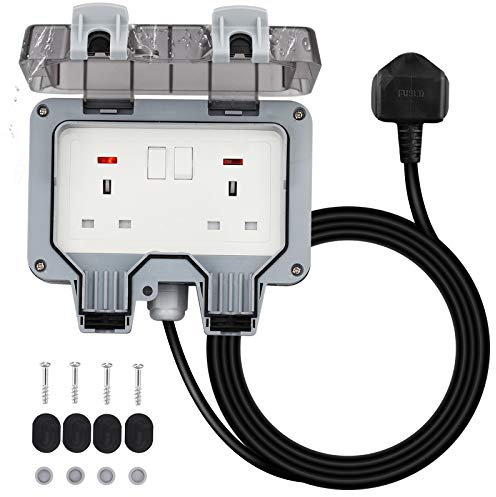 Outdoor Sockets Waterproof Double Socket, Weatherproof Outdoor Sockets with 3M Extension Cable Outdoor Outside Plug Socket 13A IP66 Wall Electrical Outlets Switched Socket Covers