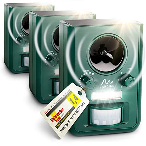 GARDIGO® Repellente per Animali a Ultrasuoni con Pannello Solare - Set di 3 | Repellente per Gatti, Cani, Roditori, Uccelli, Cinghiali, ecc. | Ultrasuoni e Flash | Dispositivo Repellente per Uccelli